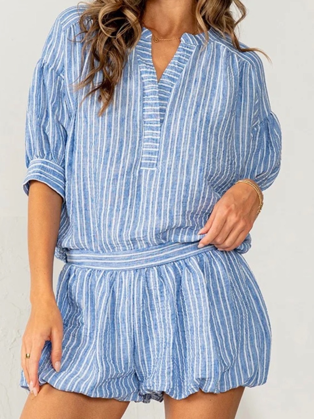 Blue & White Striped Two-Piece bubble shorts set